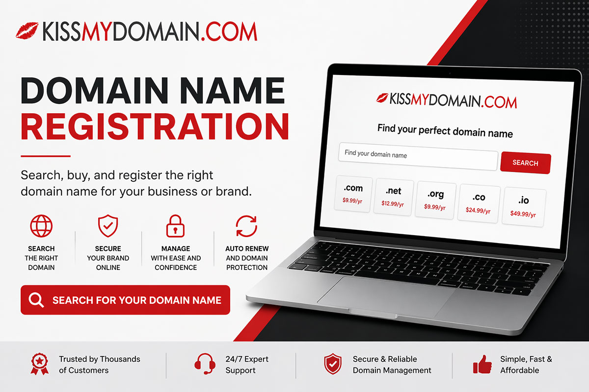 Domain name registration banner for Kiss My Domain with domain search, pricing, and call to action