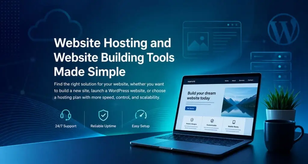 Decorative blue website hosting hero background with laptop, plant, and abstract web and server icons